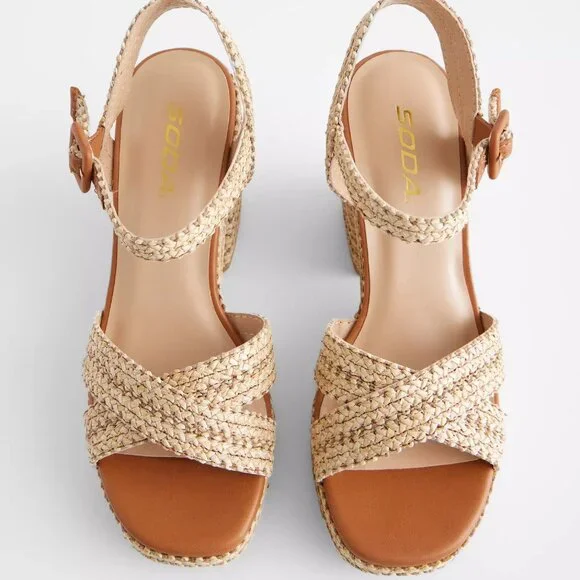 New Tan Raffia Espadrille Chunky Block Heel Platform Sandal Open Toe Ankle Strap - Picture 8 of 9